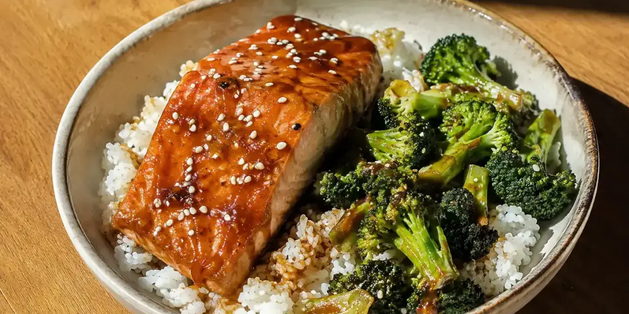 En skål med ris, saftig lax teriyaki toppad med sesamfrön och ångad broccoli.