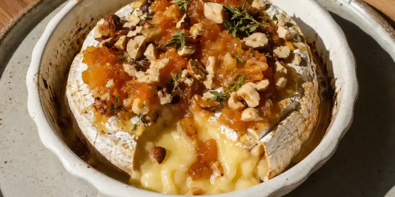 Ugnsbakad brie med nötter och marmelad, perfekt för en mysig kväll.