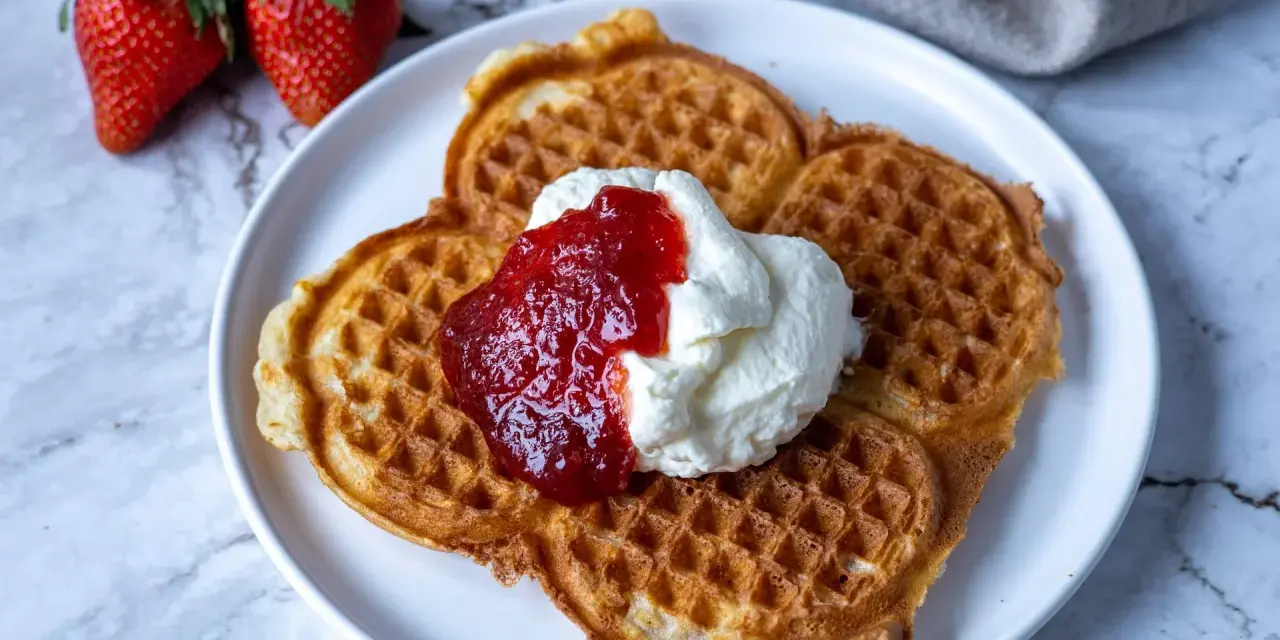 Gyllene belgiska våfflor med vispad grädde och jordgubbssylt. Ett perfekt recept för en lyxig frukost eller fika.