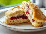 Två fluffiga glutenfria scones med sylt på en vit tallrik. Perfekt för fikat!