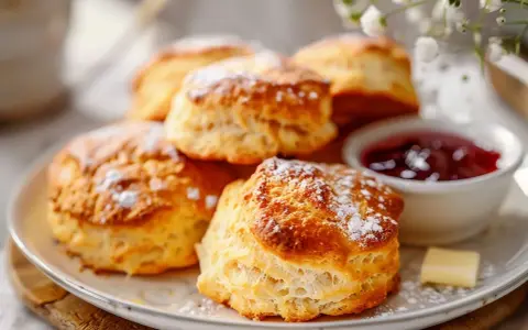 Nybakade scones med sylt och smör. Perfekt att baka enkelt till fikat.