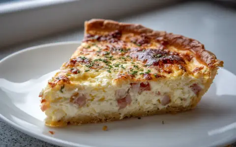 En bit ost och skinkpaj med gyllene skorpa och krämig fyllning, perfekt för ett enkelt recept.
