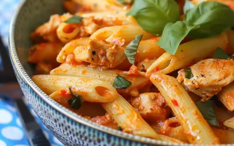 En skål med penne pasta med kyckling i en kryddig tomatsås med sambal oelek, toppad med färsk basilika.
