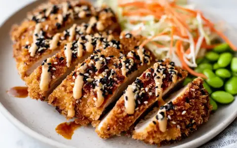 Krispigt kyckling katsu recept med sesamfrön, strimlad kål, morötter och edamamebönor.