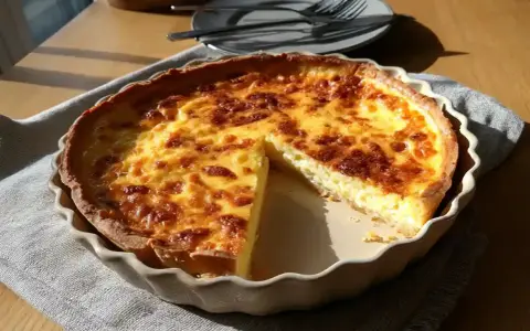 En gyllene ostpaj med en skiva borttagen, perfekt för ett enkelt ostpaj recept.