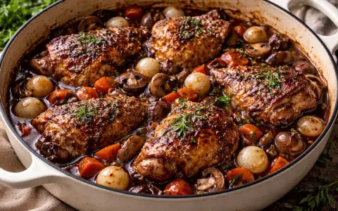 En mustig gryta med kycklinglår, champinjoner, små lökar och morötter i en mörk sås. En klassisk coq au vin som ser otroligt god ut.