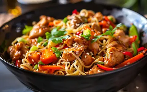 En läcker kycklingwok med nudlar och grönsaker, toppad med sesamfrön och färsk koriander. En perfekt måltid för en snabb och smakrik middag.