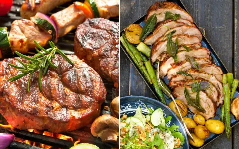 Grillad kotlett med perfekt temperatur, serverad med rostade grönsaker och en fräsch sallad.