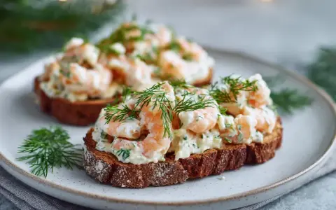 Två läckra skagen toast med räkor och dill på mörkt bröd, serverade på en tallrik.