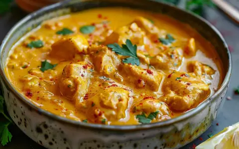 En krämig kyckling curry i en skål, garnerad med färsk persilja och en citronklyfta.