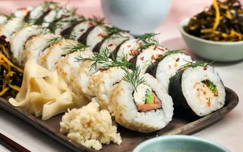Välsmakande hemmagjord sushi med lax, gurka och krämig fyllning, garnerad med dill och sesamfrön. Serveras med ingefära och wasabi.