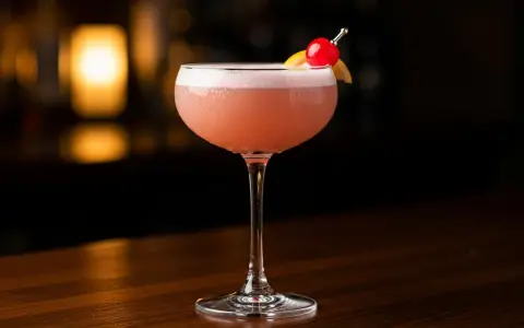 En vackert skummande rosa drink, en Pink Lady, med en körsbärs- och citrondekoration, står på en träbar.