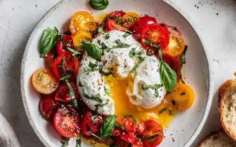 En krämig burrata med färgglada tomater och färsk basilika, en perfekt sommarrätt.