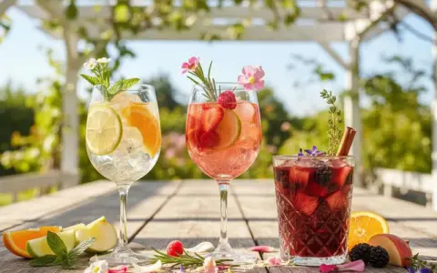 Tre färgglada sangrior med frukt och mynta på ett träbord utomhus. Perfekt för ett enkelt sangria recept.