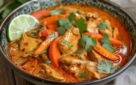 En skål med kyckling i en krämig, kryddig röd curry med morötter och färsk koriander. En limeklyfta ligger på kanten.