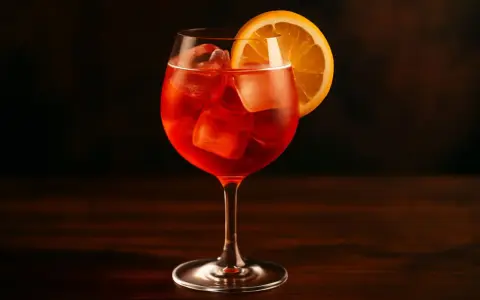 Ett glas Campari Spritz med is och apelsinskiva, perfekt för en solig eftermiddag.