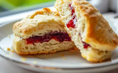 Två fluffiga glutenfria scones med sylt på en vit tallrik. Perfekt för fikat!