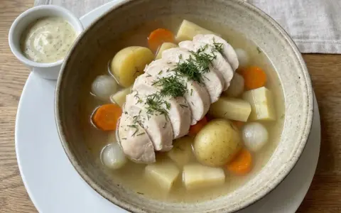 Varm kycklingsoppa med potatis, morötter och lök. Perfekt innertemp kyckling, toppad med dill. Serveras med en krämig sås.