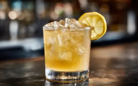 Ett glas med is och en citronskiva, en klassisk whiskey sour som väntar.