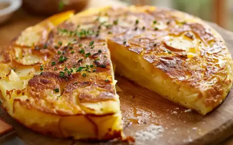 En gyllene spansk omelett med potatis och lök, toppad med färska örter, skuren och redo att serveras.