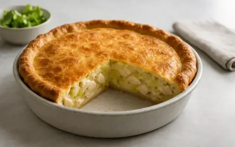 En gyllene kycklingpaj med en bit borttagen, som visar saftig kyckling och potatis. Ett perfekt kycklingpaj recept för middagen.