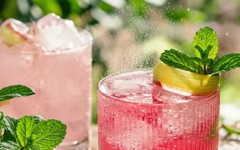 Två glas med rosa rabarbersaft utan att koka, is och mynta. Sprudlande och uppfriskande drycker för en varm sommardag.