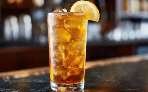 Ett glas med is och en citronskiva, en klassisk Long Island Iced Tea.