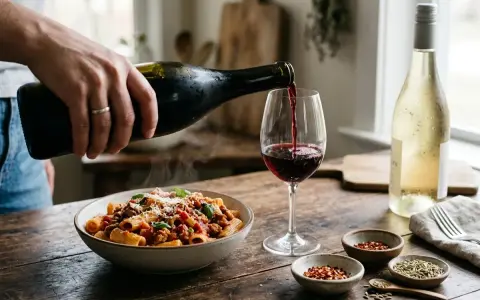 Rödvinet hälls upp i ett glas bredvid en skål med rykande salsicciapasta. Perfekt vin till salsiccia pasta.