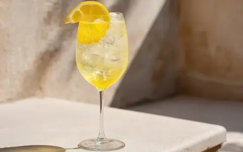 Ett glas med is och en citronskiva, fyllt med en bubblig limoncello spritz.