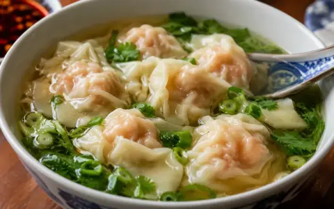 En skål med ångande dumplings i buljong, garnerad med färska örter och salladslök. En perfekt och värmande måltid.