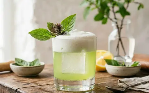 En uppfriskande thai basil drink med skummig topp, garnerad med färska basilikablad. En perfekt sommardrink.