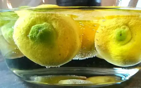 Citroner i en skål med bubblor, redo för ett limoncello recept.