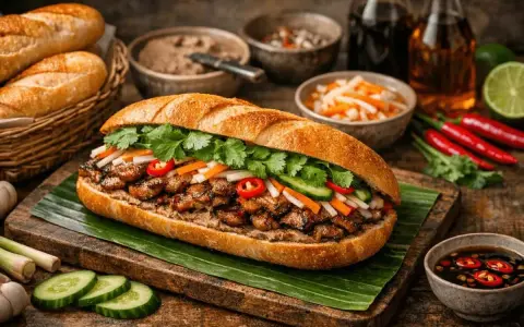En saftig banh mi med grillat kött, färska grönsaker och örter. Perfekt för ett snabbt och smakrikt banh mi recept.