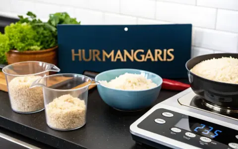 Mät upp ris för att veta hur mycket ris per portion. En digital våg visar 235.