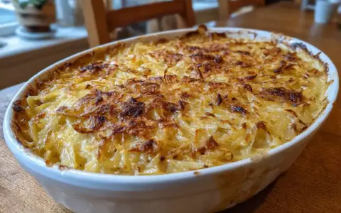 En gyllene Janssons frestelse i en vit ugnsform, redo att serveras. Ett klassiskt recept som doftar jul.