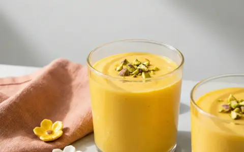 Två glas med krämig indisk yoghurtdryck, toppad med hackade pistagenötter. En rosa servett och små blomformade dekorationer ligger bredvid.
