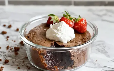 En kladdkaka i micro, perfekt för en snabb fikastund. Toppad med vispgrädde och färska jordgubbar.