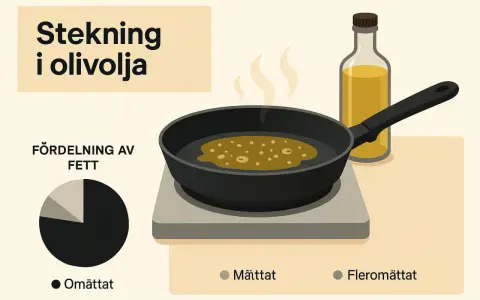 Stekning i olivolja. En stekpanna med bubblande olja och en flaska olivolja bredvid. Diagram visar fördelning av fett.