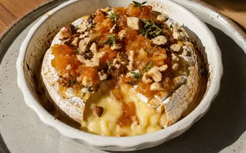 Ugnsbakad brie med nötter och marmelad, perfekt för en mysig kväll.