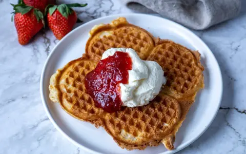 Gyllene belgiska våfflor med vispad grädde och jordgubbssylt. Ett perfekt recept för en lyxig frukost eller fika.