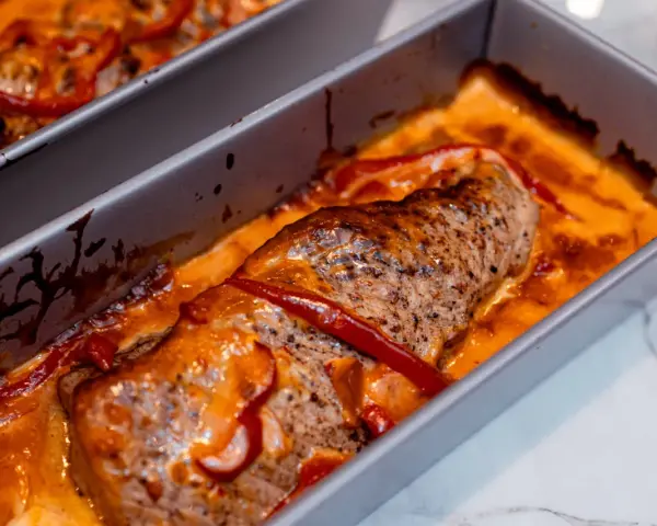Saftig ytterfile i sockerkaksform, bakad med paprika i en krämig sås.