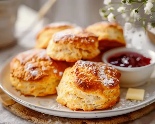 Nybakade scones med sylt och smör. Perfekt att baka enkelt till fikat.