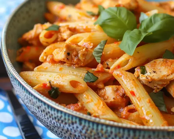 En skål med penne pasta med kyckling i en kryddig tomatsås med sambal oelek, toppad med färsk basilika.