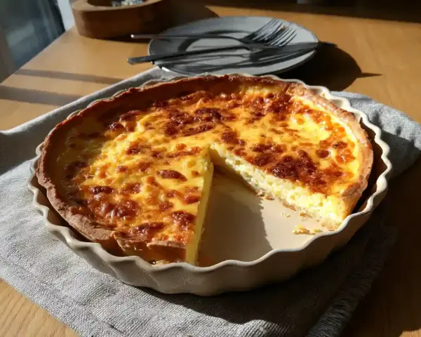 En gyllene ostpaj med en skiva borttagen, perfekt för ett enkelt ostpaj recept.