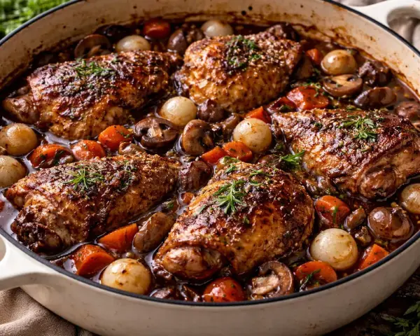 En mustig gryta med kycklinglår, champinjoner, små lökar och morötter i en mörk sås. En klassisk coq au vin som ser otroligt god ut.
