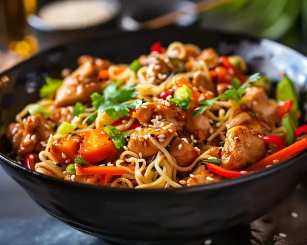 En läcker kycklingwok med nudlar och grönsaker, toppad med sesamfrön och färsk koriander. En perfekt måltid för en snabb och smakrik middag.