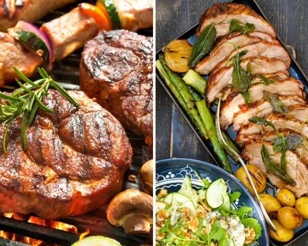 Grillad kotlett med perfekt temperatur, serverad med rostade grönsaker och en fräsch sallad.