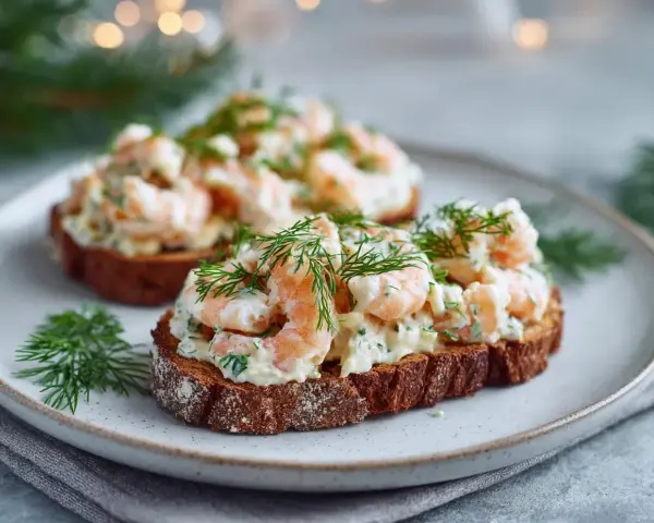 Två läckra skagen toast med räkor och dill på mörkt bröd, serverade på en tallrik.