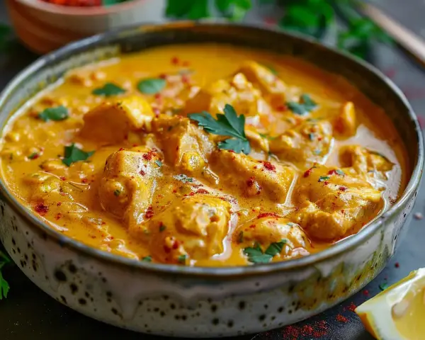 En krämig kyckling curry i en skål, garnerad med färsk persilja och en citronklyfta.
