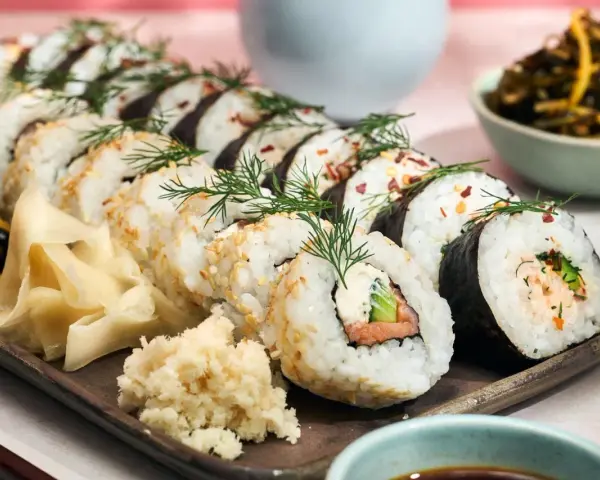 Välsmakande hemmagjord sushi med lax, gurka och krämig fyllning, garnerad med dill och sesamfrön. Serveras med ingefära och wasabi.